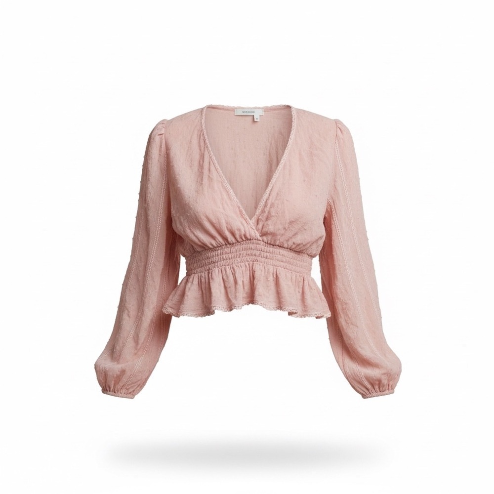 Urban Outfitters Pink Swiss Dot Smocked Peplum Blouse V-Neck Small Romantic‎